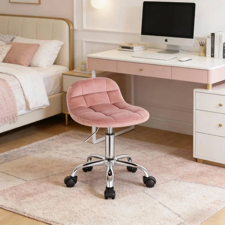 Faumrta Bürostuhl,Wohnstuhl,Bürrohocker mit Rollen,Drehbarer Computer-Schminkstuhl(nur Stühle)Foam,Metal,Velvet31cm*38cm*68cmRosa – Bild 1