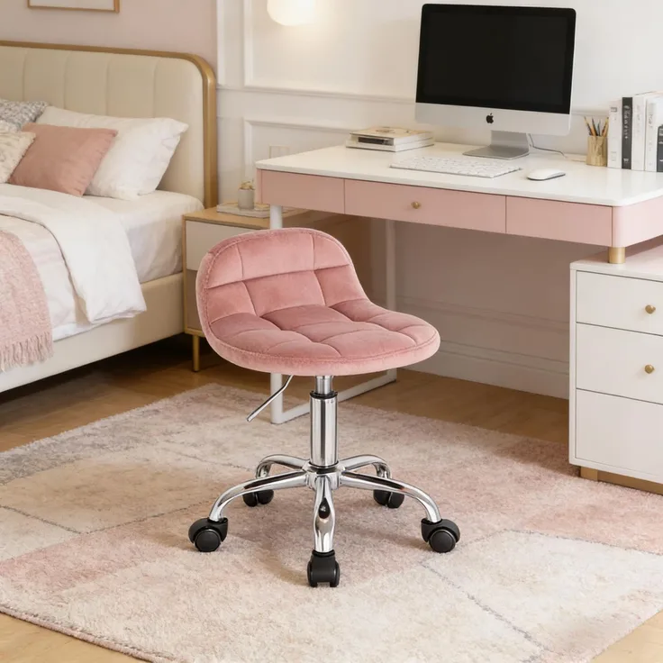Faumrta Bürostuhl,Wohnstuhl,Bürrohocker mit Rollen,Drehbarer Computer-Schminkstuhl(nur Stühle)Foam,Metal,Velvet31cm*38cm*68cmRosa
