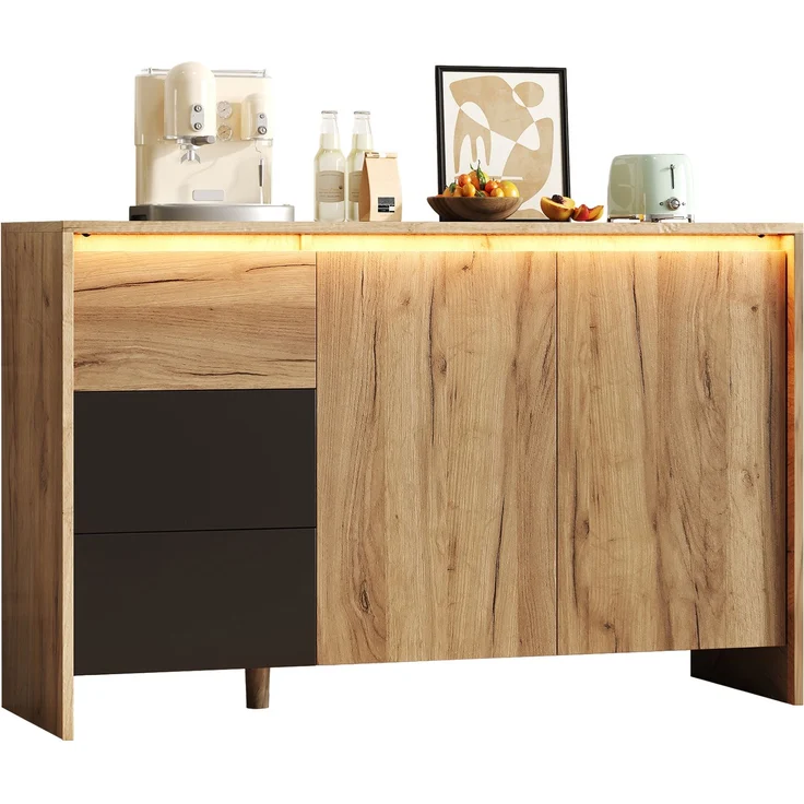 Merax Sideboard, Küchenschrank, Kommode mit 3 Schubladen und 2 Türen, Mehrfarbige LED-Lichteffekte, Buffetschrank für Wohnzimmer, Esszimmer, Holzfarbe&Schwarz – Bild 10