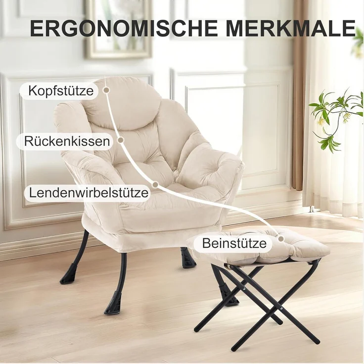 Sessel Ottomane Ohrensessel Lesesessel Fußhocker Beige – Bild 5
