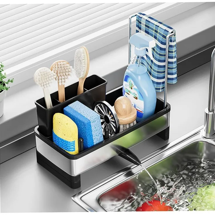 BlingBin Küchenorganizer-Set Spülbecken-Organizer Schwammhalter mit Automatischer Entwässerung, (360° Drehbar Abflussrohr, 1-tlg, 24.5*12.5*21.5CM), Aufbewahrung für Bürsten, Spülmittel, Küchenutensilien