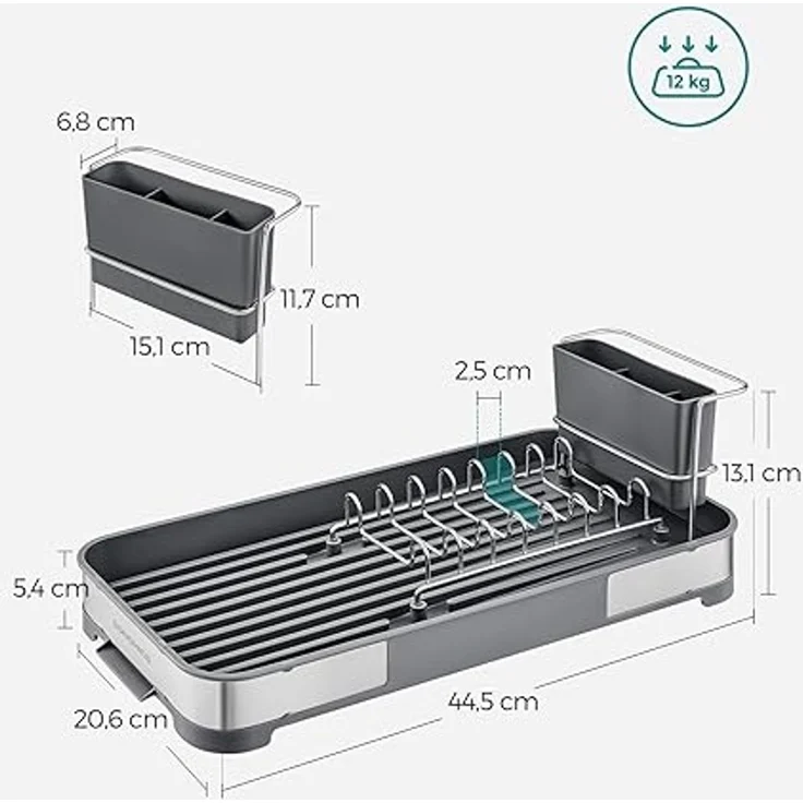 SONGMICS Abtropfgestell klein, Geschirr-Abtropfgestell für Spüle, Abtropfständer, Abtropfgitter Edelstahl, Abtropfschale, Besteckhalter, Tassenhalter rostfrei, für Geschirr, silbern-grau KCSDE034G01 – Bild 4