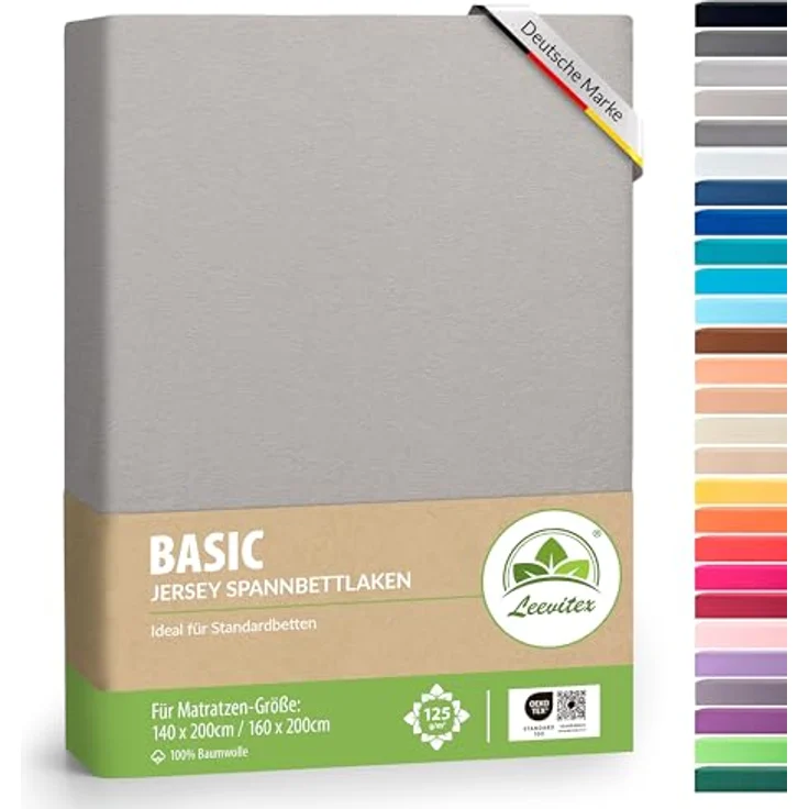 leevitex® Spannbettlaken 140x200cm - 160x200cm | 100% Jersey Baumwolle, Silber/Hellgrau, für Matratzenhöhen bis 25 cm – Bild 1