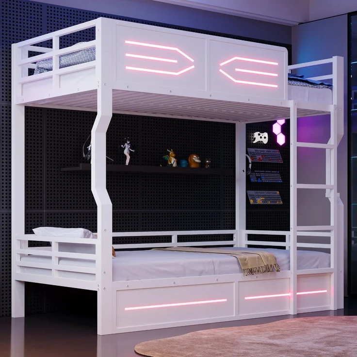 ZUBALIYA Etagenbett 90 × 200 cm, Metall, LED-Beleuchtung, Weiß – Bild 3