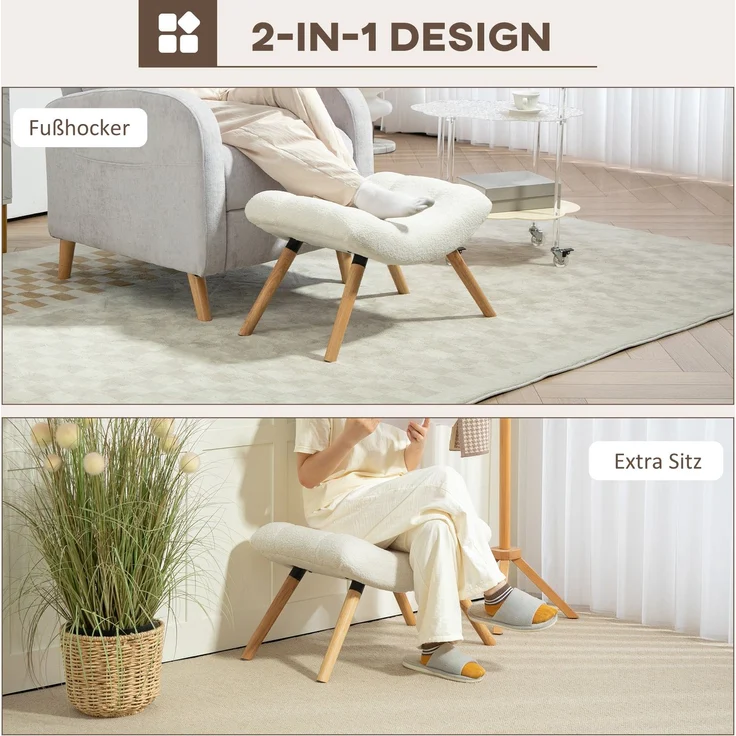 Moderner Fußhocker mit Fleece-Bezug und Holzbeinen, gepolstert, für Wohnzimmer, Schlafzimmer, Flur, Cremeweiß--Cremeweiß--67x45x38cm--YOUDENOVA – Bild 7