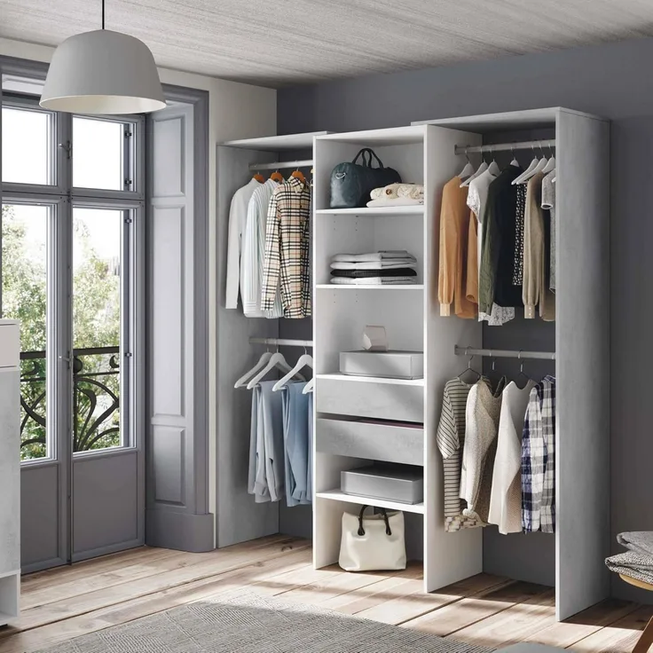 Dmora Offener Kleiderschrank, begehbarer Kleiderschrank ohne Türen, Struktur für Kleiderschrank mit 4 Regalen, Kleiderstange und 2 Schubladen, Cm 179x50h202, Farbe Zement und Weiß