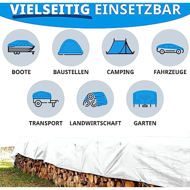 Floordirekt Abdeckplane | Gewebeplane | Schutzplane | Bootsplane | Zeltunterlage für Camping & Outdoor | Garten | wasserdichte Planemit Ösen | Viele Größen & Farben 10x12 m, 120m², 240 g/m², Weiß – Bild 10