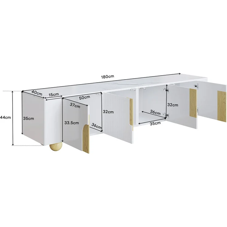 TV-Schrank 180 cm Weiß Holzoptik mit Marmoroberfläche, 4-türig, Massivholzfüße, modernes Sideboard fürs Wohnzimmer – Bild 7