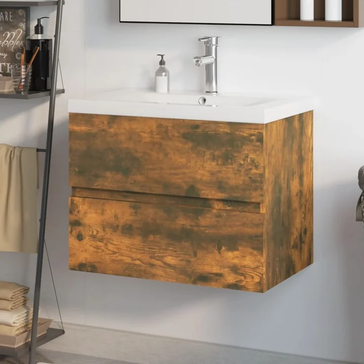 Waschbeckenschrank, Badschrank mit Einbaubecken Räuchereiche Holzwerkstoff de7442 – Bild 2