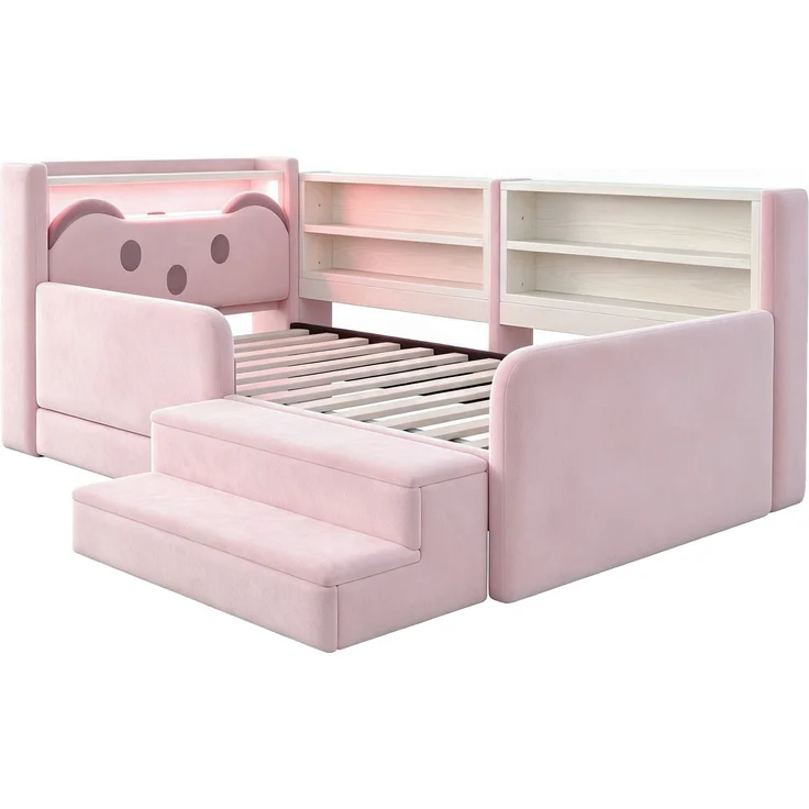 ZUBALIYA Polsterbett, mit Schubladen, mit Stauraum, mit LED-Beleuchtung, mit USB-Anschluss, inklusive Lattenrost, Liegefläche 90 × 200 cm, H 85 × T 218 × B 108.5 cm, Rosa, Samt – Bild 18