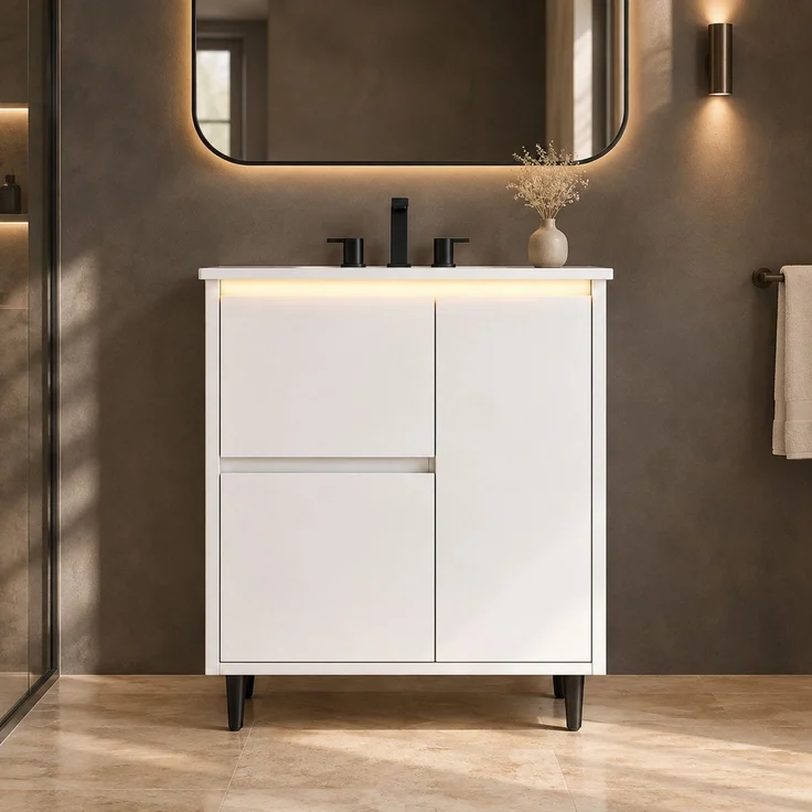 Freistehender Waschtisch 61 x 46,5 x 87 cm mit Keramikbecken, zwei Schubladen und Schrankfach – Weiß – Bild 1