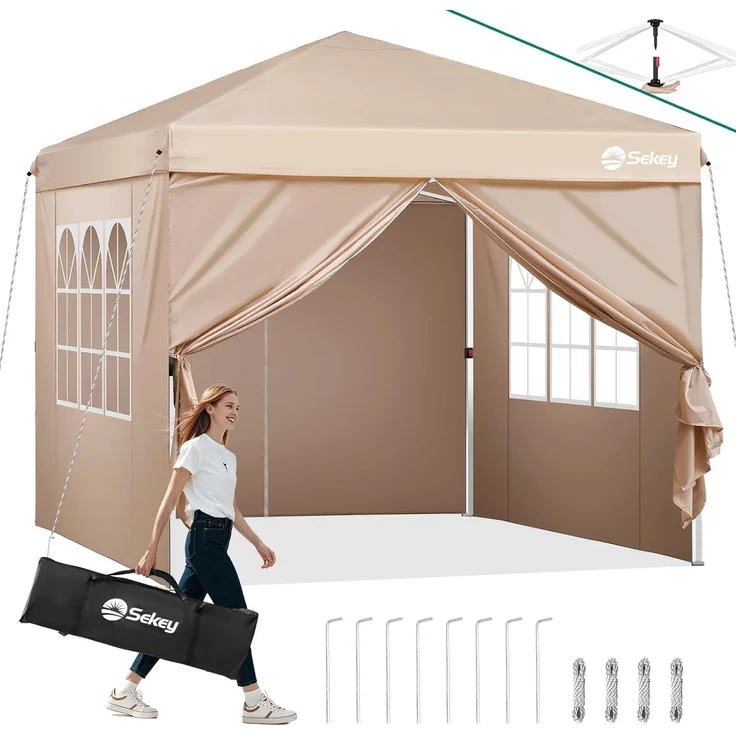 Sekey Premium Pop Up Pavillon 3x3 Wasserdicht Stabil, 3 x 3 m Pavillon mit Seitenwänden, Faltpavillon Partyzelt Faltbar für Camping Party, Höhe Verstellbar 250-270cm, (Khaki, Mit Seitenwänden) – Bild 1