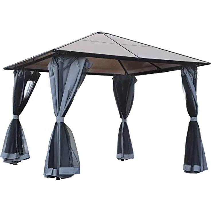 Outsunny Pavillon 3 x 3m, Gartenpavillon mit PC Dach und Seitenteilen, pulverbeschichtetes Aluminium, dunkelgrau