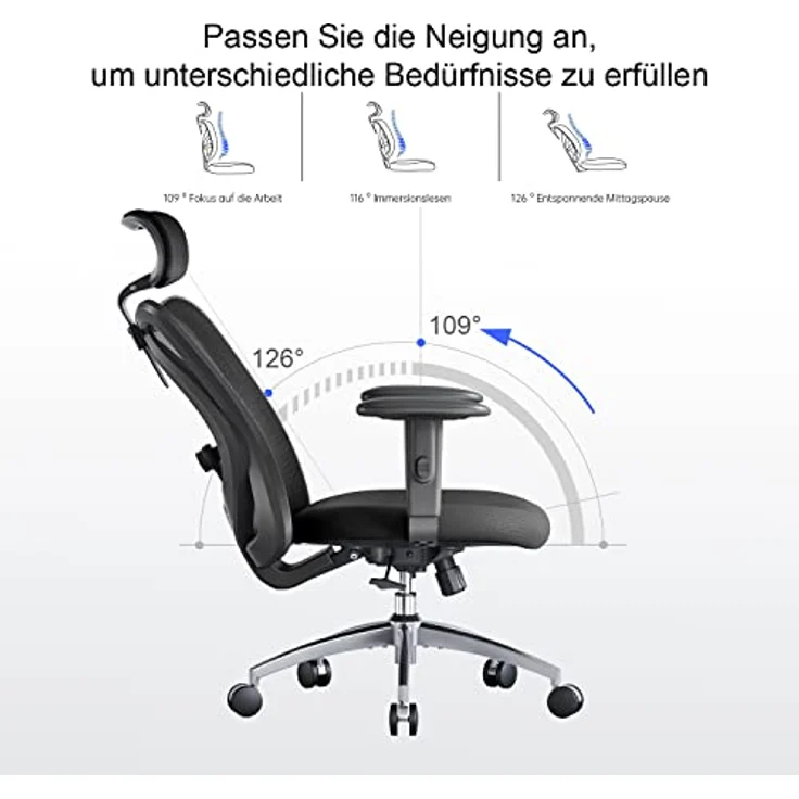 SIHOO Bürostuhl Ergonomischer Schreibtischstuhl, Drehstuhl hat Verstellbarer Lordosenstütze, Kopfstütze und Armlehne, Höhenverstellung und Wippfunktion, Rückenschonend, Bis 150kg/330LB Belastbar – Bild 8