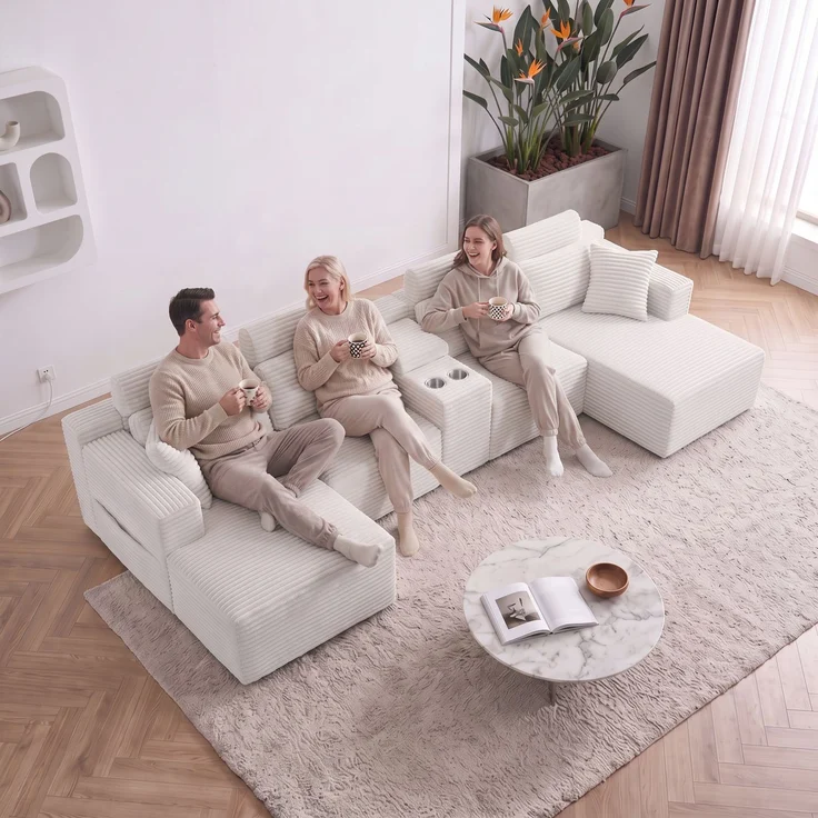 ZUBALIYA Boneless Compression Sofa, U-förmiges modulares Sofa mit integrierten Becherhaltern, Off-Weiß, 372 x 151 x 80 cm – Bild 7