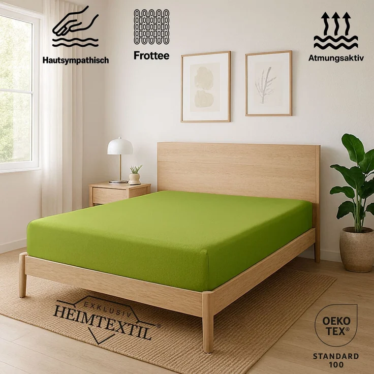 EXKLUSIV HEIMTEXTIL Frottee Spannbettlaken 90 - 100 x 200 cm Apfelgrün 80% Baumwolle 20% Polyester Öko - Tex Zertifiziert Bed-Sheet Bettlaken Spannbetttuch Topper Leinentuch – Bild 2