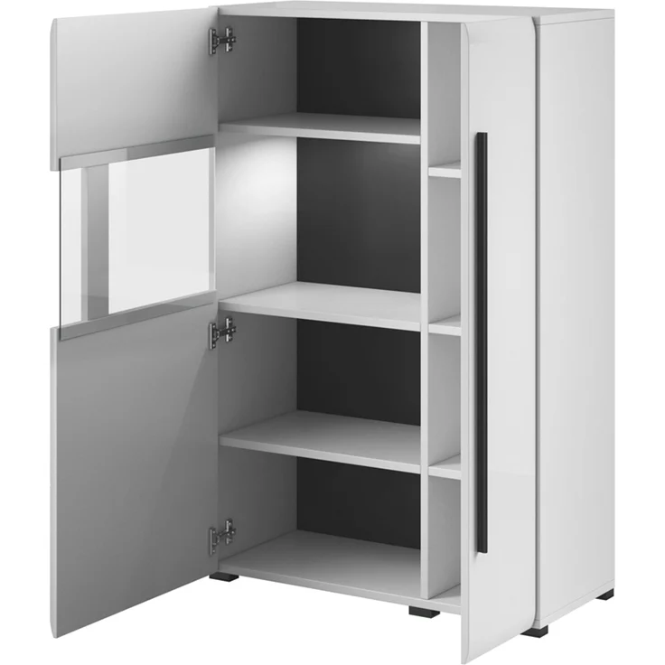 Wohnwand weiß Hochglanz TURDA-83 moderner Stil mit Glas, Absetzungen in schwarz und LED Beleuchtung, B/H/T: ca. 340/204/50 cm – Bild 2