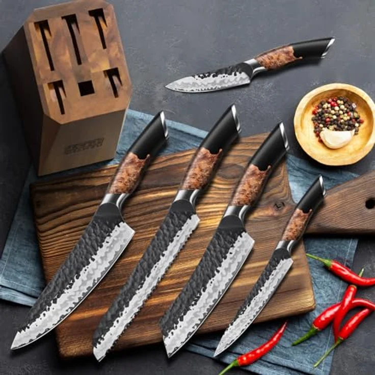 SHAN ZU Messerset 7 teilig, Japanisches Küchenmesser Set mit Block, 7 Schichten Hochwertigem Carbon Stahl Scharf Messerset für die Küche, Professionelles Kochmesserset mit Schärfer | 7 Lagen Carbonstahl & 10Cr15MoV-Stahlkern, Wetzstahl, Ahornholz-Griff... – Bild 7