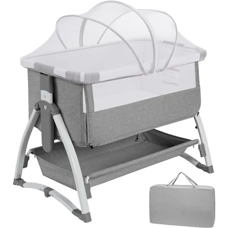 GarveeHome 3 in 1 Baby Beistellbett, Klappbares Beistellbett, Babywiege Mit Matratze Und Moskitonetz, Höhenverstellbar, Mit Reisetasche, Für Babys Von 0 Bis 36 Monaten, Hellgrau