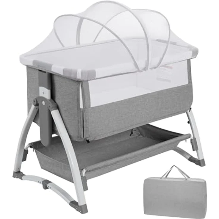 GarveeHome 3 in 1 Baby Beistellbett, Klappbares Beistellbett, Babywiege Mit Matratze Und Moskitonetz, Höhenverstellbar, Mit Reisetasche, Für Babys Von 0 Bis 36 Monaten, Hellgrau – Bild 1