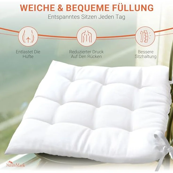 NatureMark 4er Set Stuhlkissen mit Bändern Gr. 40x40 cm Sitzkissen gefüllt, Natur/Crème – Bild 6