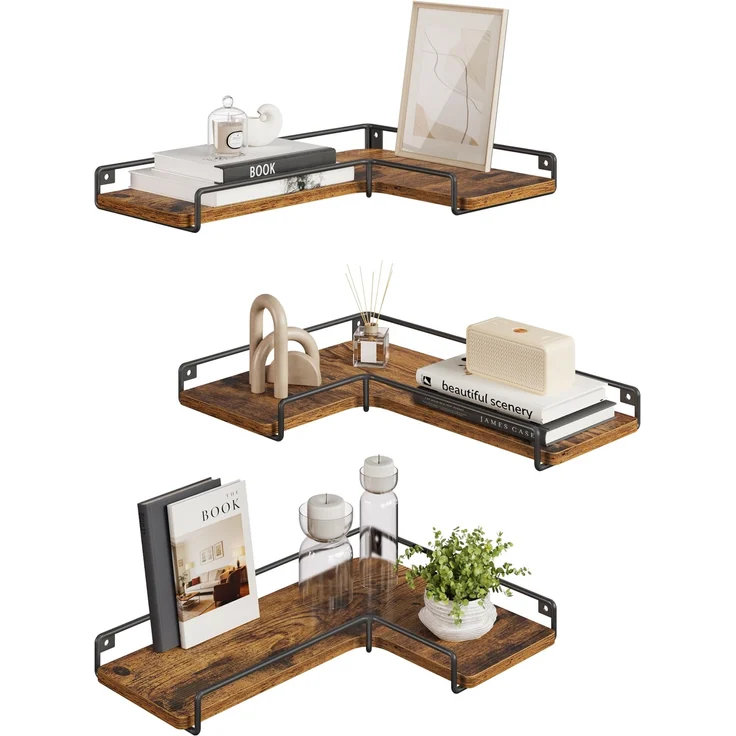 VASAGLE L-förmiges Eckregal, 3er Set, Wandregal, Industrie-Design, für Wohnzimmer, Schlafzimmer, Küche, vintagebraun LLS833KD01