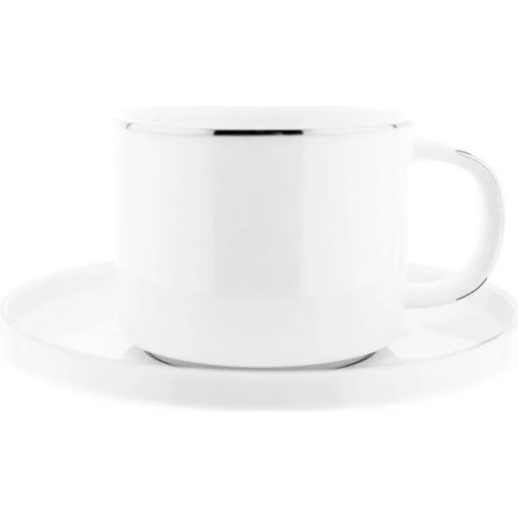Mulex 12 Teiliger Kaffeetassen-Set mit Untertasse aus Porzellan Kaffeeservice 200 ml Weiß/Silber