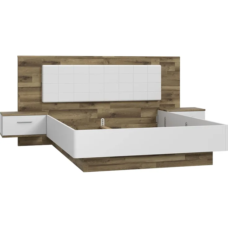 FORTE Sirius Black Bett mit 2 Nachtkommoden, Liegefläche 160x200 cm, Holzwerkstoff, Stabeiche kombiniert mit Weiß matt, 287,6 x 123,8 x 209,9 cm