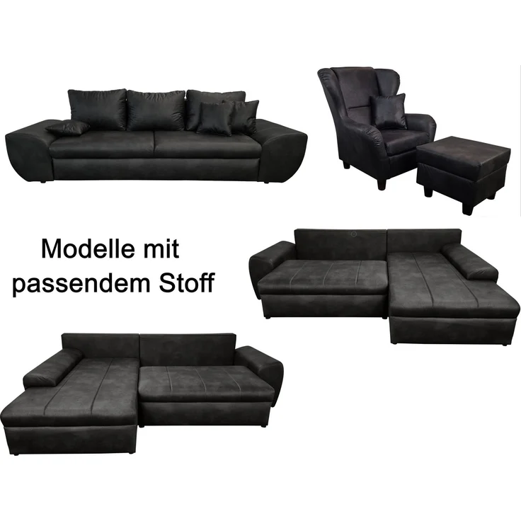 Ohrensessel mit Hocker Landhaus Polster-TV-Lesesessel Lederoptik Vintage Schwarz – Bild 9