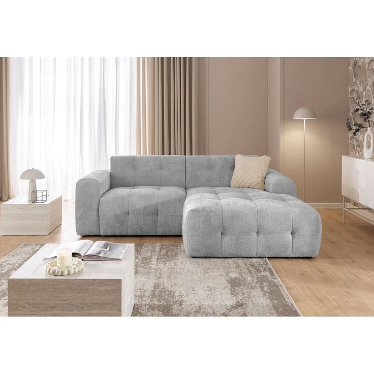 luma-home Modernes Ecksofa mit Ottomane rechts, markante Steppungen, Chenille in Hellgrau, 234 x 161 x 79cm – Bild 2