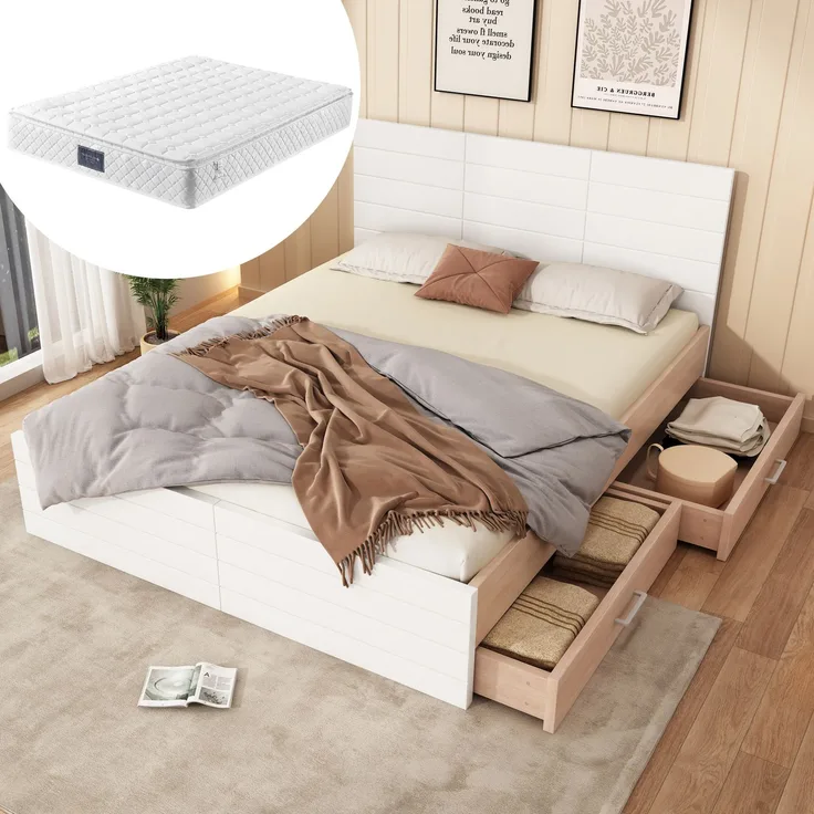 Doppelbett 140x200 cm Weiß Eiche, Bettgestell mit 2 Schubladen, Massivholzrahmen, Stauraumbett mit Lattenrost,inklusive Matratze