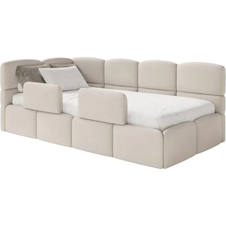 Selsey 'Cloudy' Kinderbett 120 cm, Bettkasten, 2x Rausfallschutz, Chenille, links, Creme