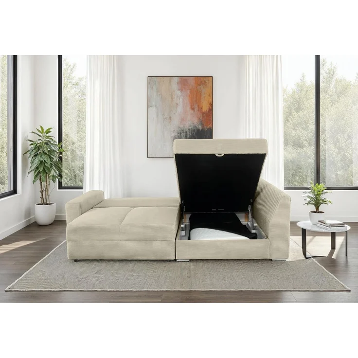 Ecksofa-Dauerschläfer Federkern Topper Bettkasten Schlafcouch in Cord Beige Grau – Bild 3