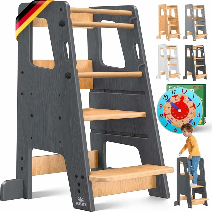 KIDIZ® Lernturm für Kinder ab 1 Jahr inkl. Lernuhr | 3-stufig Höhenverstellbarer Tritthocker aus Kiefernholz | spielerisch motorische Fähigkeiten fördern Montessori Learning Tower bis 50 kg belastbar Anthrazit / Hellbraun – Bild 1