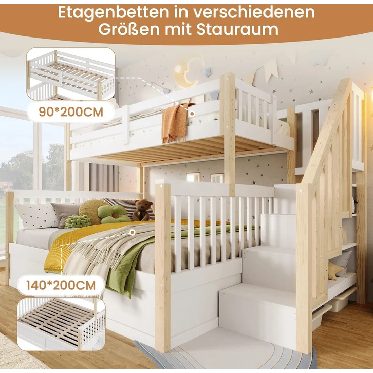 Etagenbett mit 2 Liegeflächen, Stauraum und Rausfallschutz, 90x200cm/140x200cm, Treppe mit Regal, Kinderbett, Jugendbett, Kiefer – Bild 4
