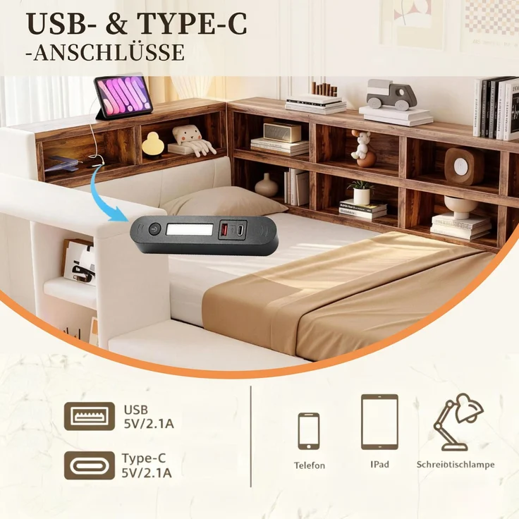 U-life Polsterbett 90x200 cm, fürs Schlafzimmer, Mit Polsterbezug, Mit Mehrstufigen Stauräumen, LED-Beleuchtung, Integrierten, Samtstoff, Beige – Bild 5