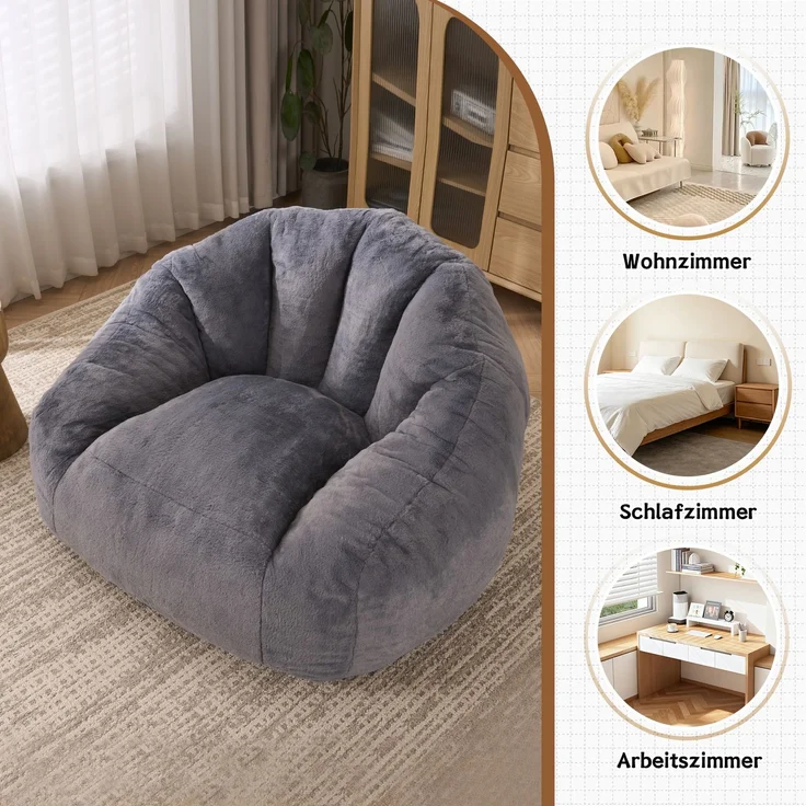 Sitzsack für Erwachsene, flauschiger Loungesessel aus Kunstfell, vakuumverpackt und montagefrei, für Wohnzimmer, Schlafzimmer, Balkon - Groß(Hellgrau)--Herde--111x123x75cm--YOUDENOVA – Bild 4