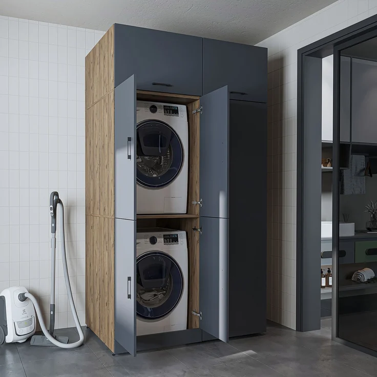 Roomart Waschmaschinenschrank- DORA-II- 130 cm breit – Waschmaschinen- & Trockner-Überbau mit Türen und Ausziehplatte, Bad & Waschküche • Anthrazit-Eiche – Bild 4