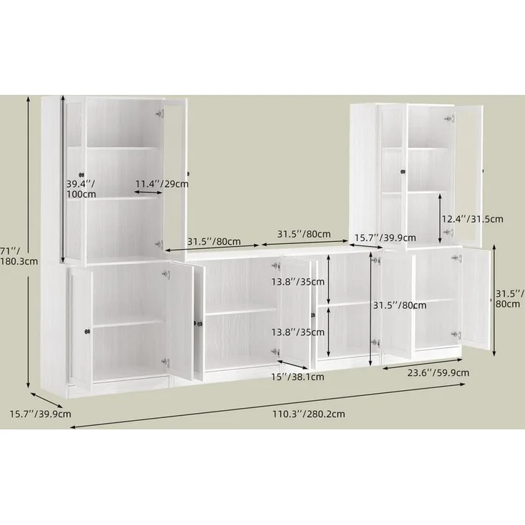 VOWNER TV-Schrank mit Bücherregalen für Fernseher bis zu 70 Zoll, 280 cm TV-Ständer (4-St) Wohnzimmer-Fernsehschrank mit gehärteten Glastüren und Einlegeböden