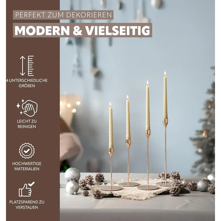 4er-Set Kerzenhalter, Kerzenständer für Stabkerzen, Metall, roségold – Bild 3