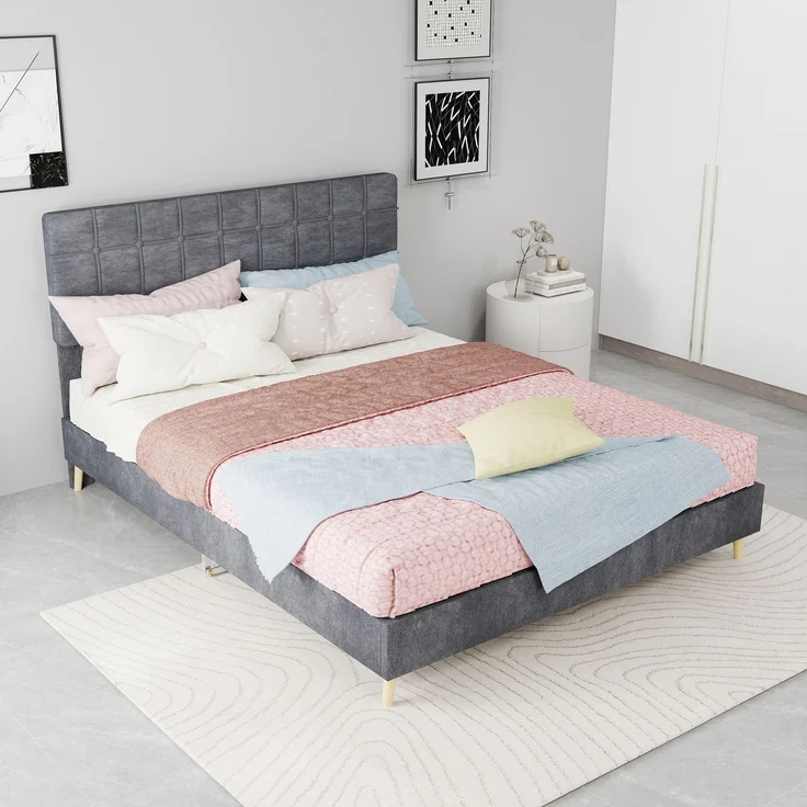 Novelux Polsterbett 140x200 cm mit gestepptem Kopfteil - Doppelbett Stoffbett Dunkelgrau, Massivholzrahmen & Holzfüße, Modernes Bettgestell für Schlafzimmer – Bild 9