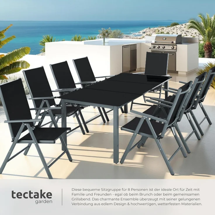 tectake® Aluminium Sitzgruppe 8+1, Gartenmöbel Set mit Stuhl und Tisch, klappbare Gartenstühle, Gartentisch mit Sicherheitsglas, wetterfeste Terrassenmöbel, für Garten Terrasse Balkon - anthrazit – Bild 4