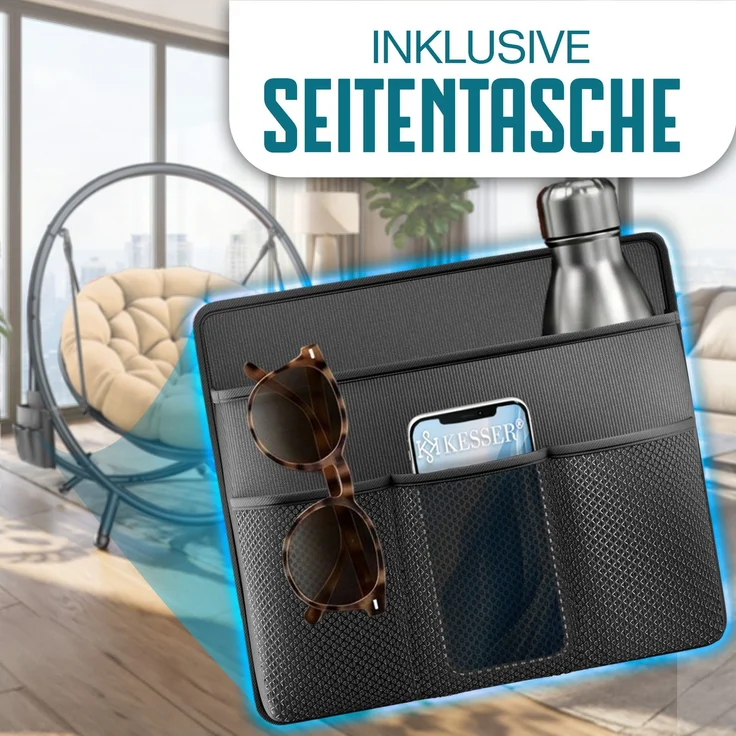 KESSER® Hängesessel mit Gestell BALI Hängeschaukel Hängestuhl bis 150kg für Indoor und Outdoor + Kissen & Seitentasche Hängekorb Stahlgestell & Schaumstoff Sitzpolster ideal für Wohnzimmer & Garten Beige – Bild 4
