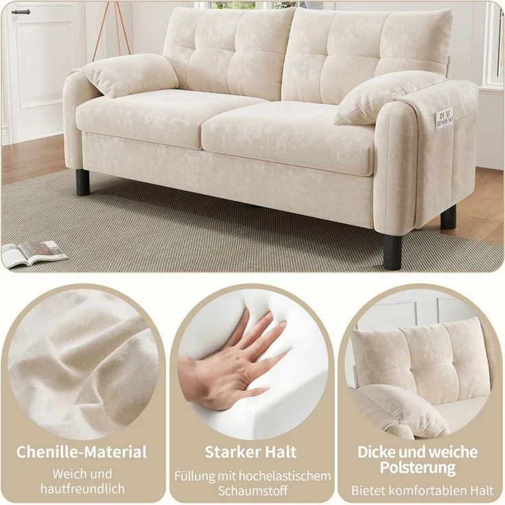 autolock 2-Sitzer Sofa Polstersofa aus Chenille Stoff mit dicken Kissen, skandinavischen, Couch Polstermöbel für Wohnzimmer, Schlafzimmer, kleine Wohnung – Bild 4