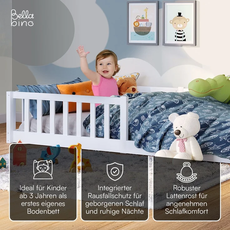 Bellabino 'Vere' Bodenbett 80x160 cm mit Matratze, weiß, Massivholz Kiefer, Montessori Kinderbett mit Rausfallschutz und Lattenrost – Bild 3