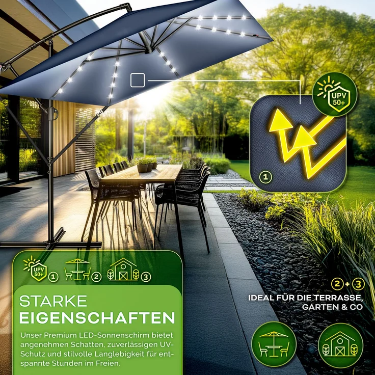 tillvex® Alu Sonnenschirm Rechteckig Ø 330 cm mit LED Solar Navy-Blau + Abdeckung mit Kurbel | Ampelschirm mit Ständer & Windschutz | Gartenschirm UV-Schutz, wasserdicht, 360° drehbar | Kurbelschirm Marktschirm – Bild 3