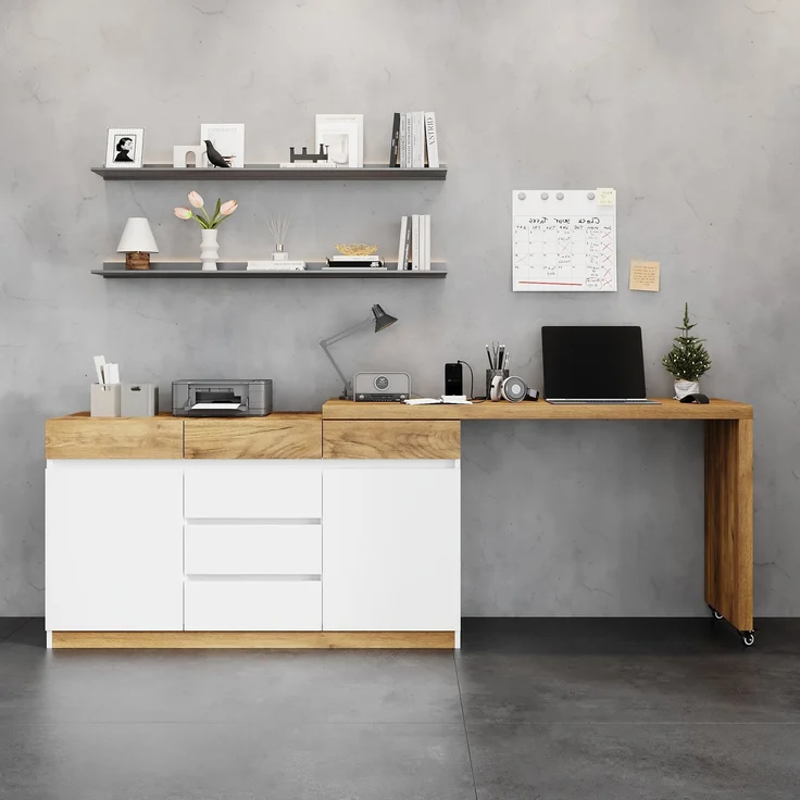 ZUBALIYA Schreibtisch mit feststellbaren Rollen – multifunktionales Design, 4 cm dickere, drehbare Tischplatte, fest arretierbar, weiß/Eiche, Faltbarer Schreibtisch, Eckschreibtisch, Sideboard,Dicke Materialie – Modell N880P5298689O – Bild 3