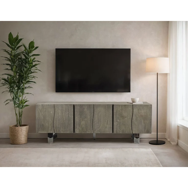FINEBUY Lowboard FB111428 TV Schrank 160 cm Smoked Grey Holz Massiv Fernsehkommode Grau (drei Türen, 160 cm, Akazie Massivholz Smoked Grey), TV-Schrank Modern Fernsehtisch, TV-Kommode Hoch – Bild 2