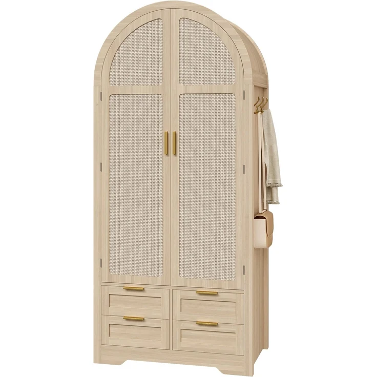 DESVIAE Garderobenschrank Eiche aus MDF – 80x180x50 cm – Rattantüren, Schubladen – Bild 7