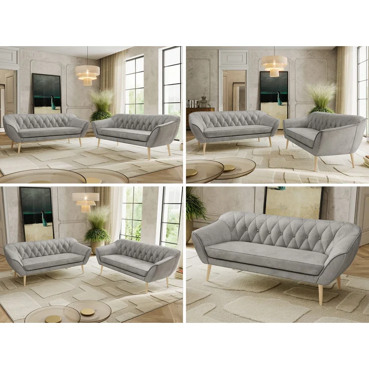 Wohnzimmerset Möbelset PIRS 3-3, Armlehnen, Wellenfederung, Buche Füße, Dreisitzer Sofa, Polstermöbel Set - Hellgrau Velvet – Bild 2
